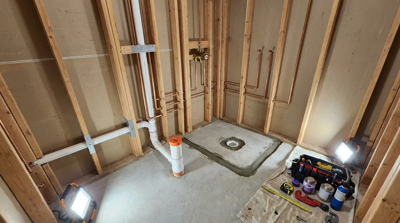 Bathroom rough-in plumbing during remodel by Johns Plumbing LLC in Hamlet