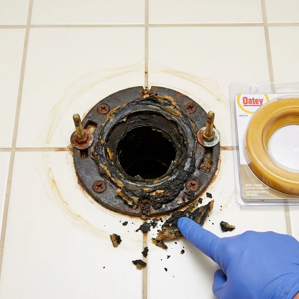 Failed wax ring showing water seepage at the base of a toilet in a Hamlet, NC home
